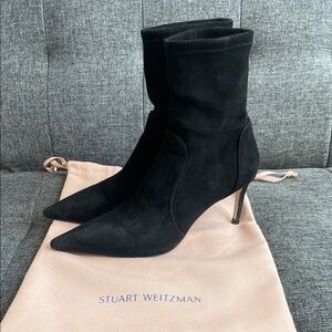 Stuart Weitzman Black Suede Pointed Toe Stiletto Ankle Boots